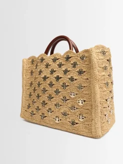 Borsa shopping in rafia con ricami
