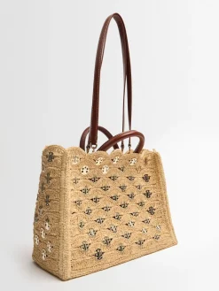 Borsa shopping in rafia con ricami