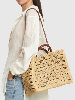 Borsa shopping in rafia con ricami