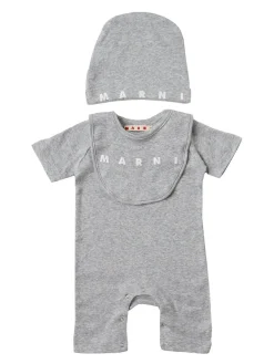 Cotton logo romper, hat & bib