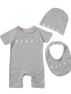 Cotton logo romper, hat & bib