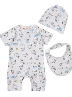 Cotton logo romper, hat & bib