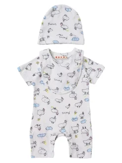 Cotton logo romper, hat & bib