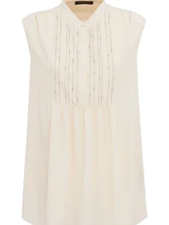 Crepe de chine long top w/ lace trim