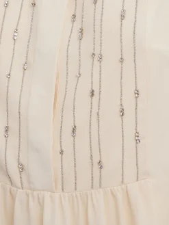 Crepe de chine long top w/ lace trim