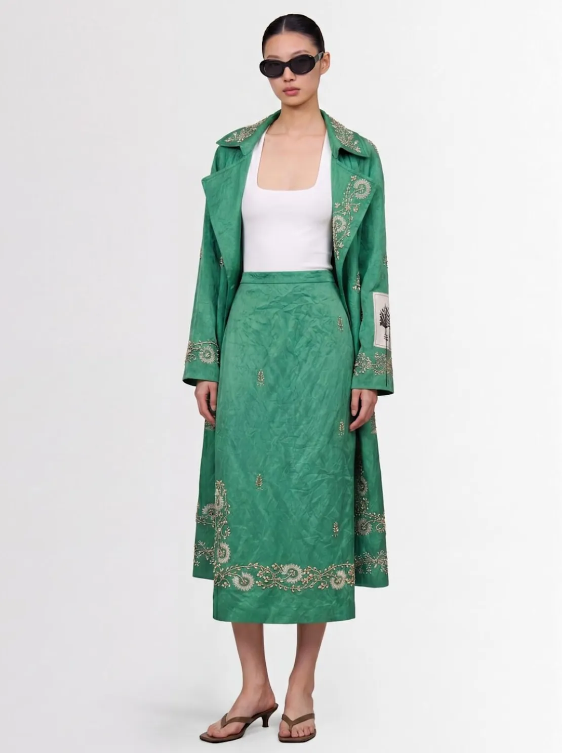 Embellished textured satin pencil skirt