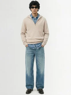 Felpa in maglia di lana con mezza zip e cappuccio