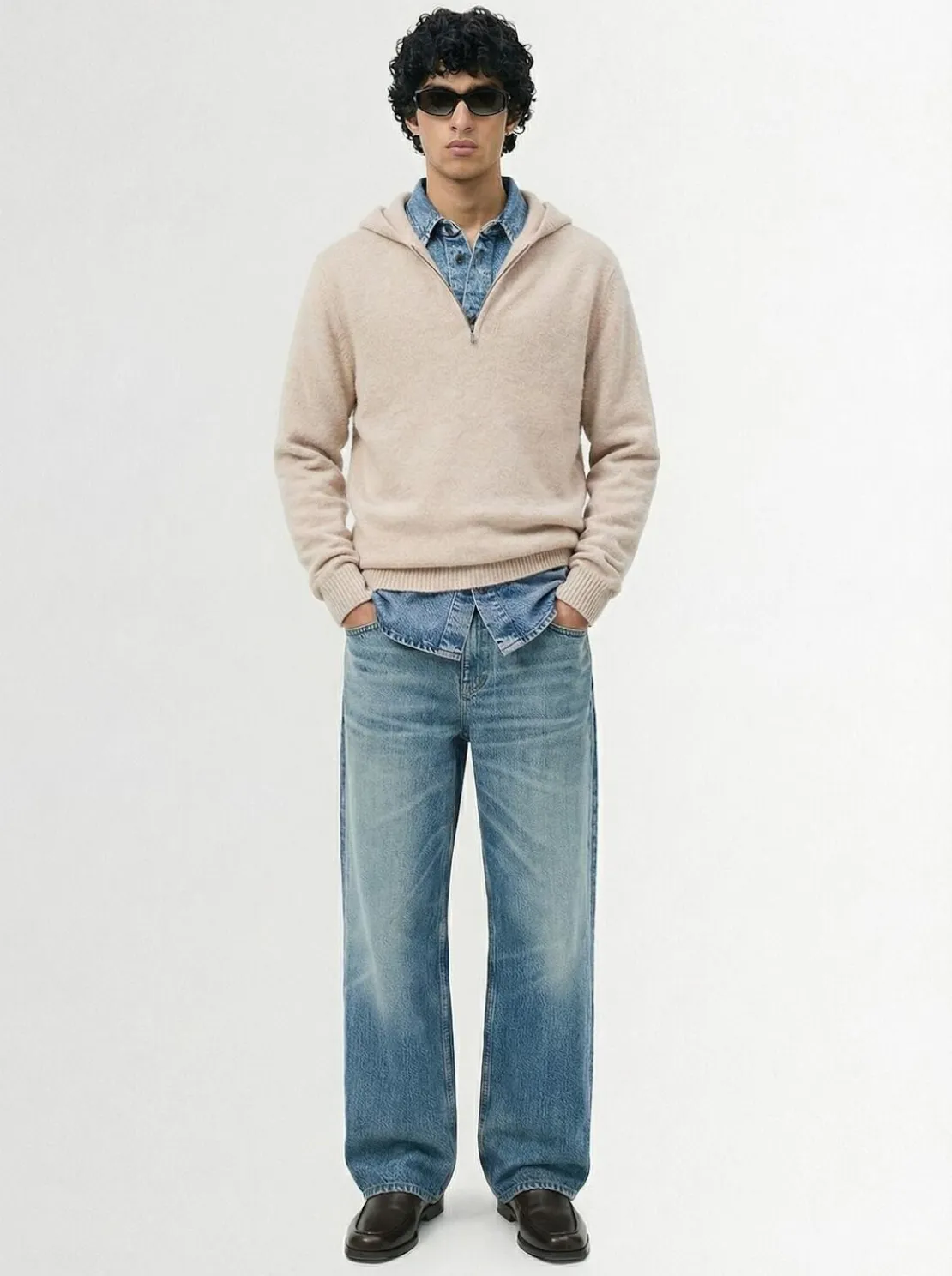 Felpa in maglia di lana con mezza zip e cappuccio