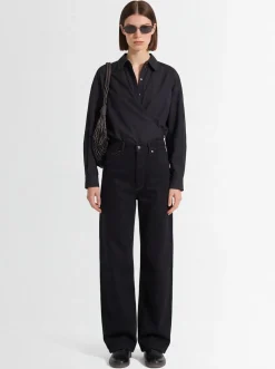 High waist curved cotton pants