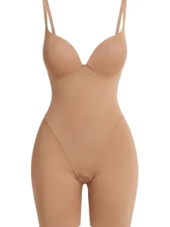 Nylon blend plunge mid thigh bodysuit