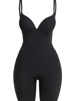 Nylon blend plunge mid thigh bodysuit