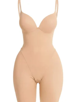 Nylon blend plunge mid thigh bodysuit
