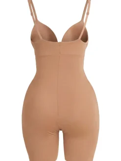 Nylon blend plunge mid thigh bodysuit