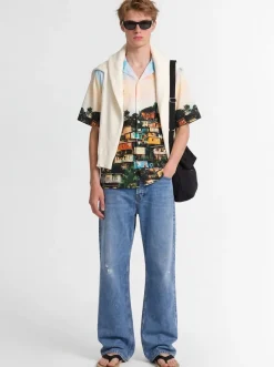 Printed boxy fit cotton bowling shirt