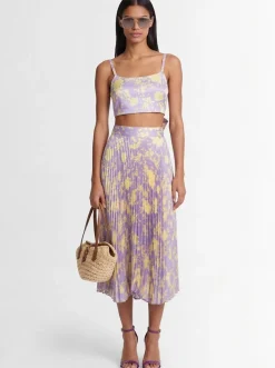 Printed plissé midi skirt