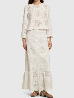 Top in voile di misto cotone voile ricamato