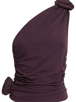 Top monospalla in jersey drappeggiato con rose