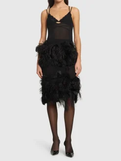 Vestito in georgette ricamato con piume