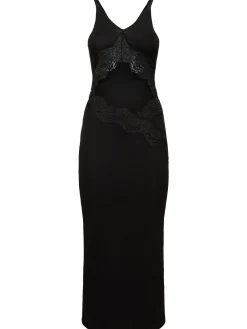 Vestito lungo in techno a costine con pizzo
