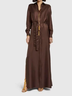 Vestito lungo in twill di seta con cintura