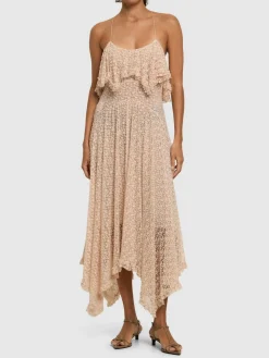 Vestito midi in pizzo di misto cotone drappeggiato